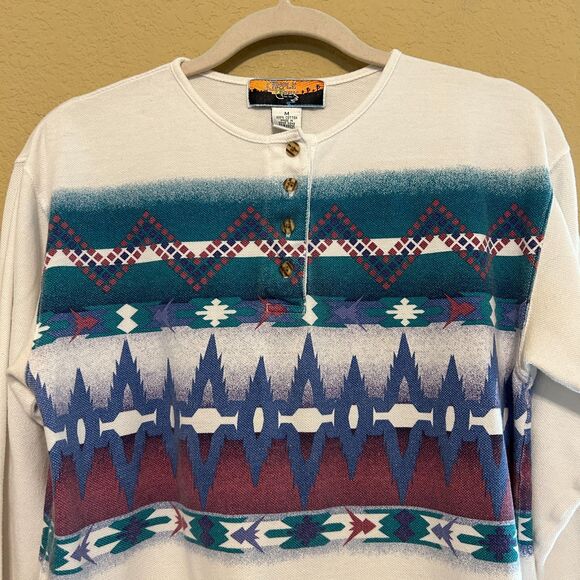 VTG Cripple Creek Henley Top Womens Medium White Aztec Southwestern 100% Cotton - Picture 3 of 5
